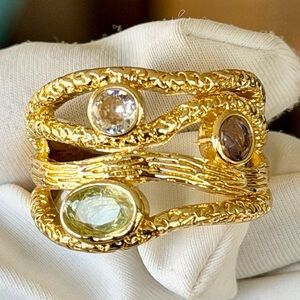 New Golden Tone Handcrafted Asymmetrical geometric design multi colored gems 7